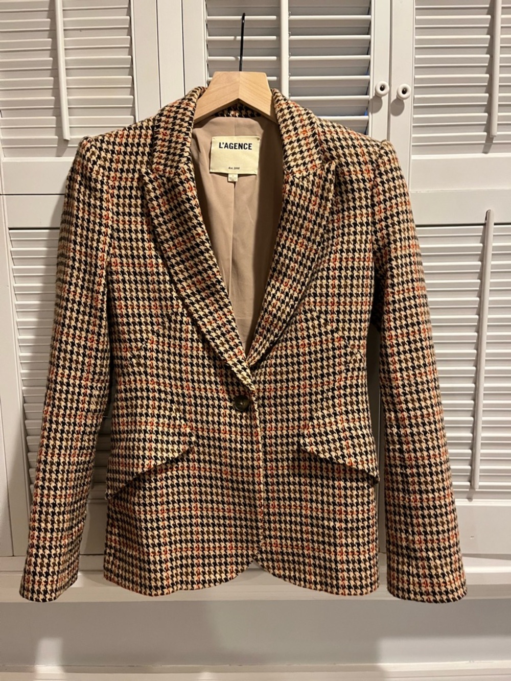 L'AGENCE Tan, Black & Brown Houndstooth Wool-Blend Blazer
